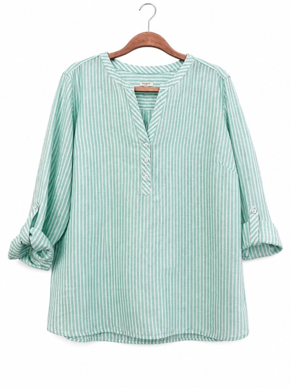 TALBOTS LINEN BLEND SHIRT XL WHITE/MINT GREEN STRIPED ROLL TAB COASTAL BREEZY - Picture 3 of 12